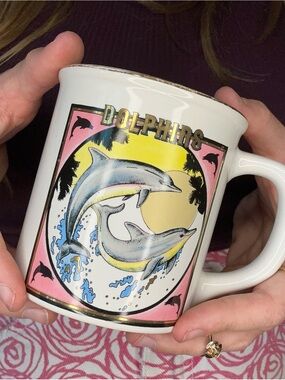 Vintage 1980s/90s Dolphins Ceramic Mug | Gold Trim
